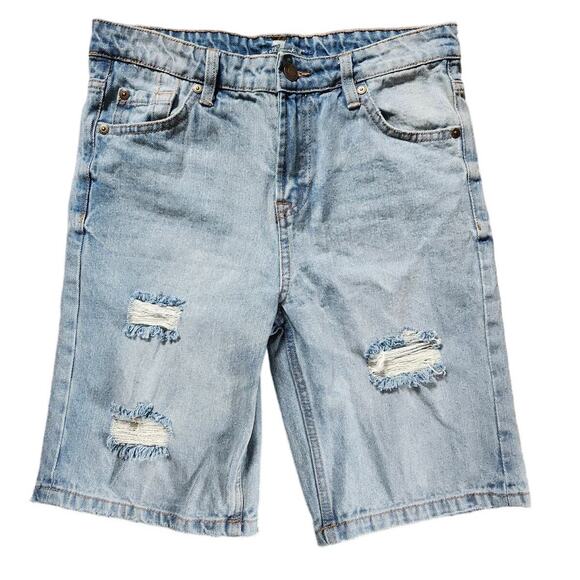 7 For All Mankind Denim Bermuda Shorts Size 14 Medium Wash Distressed - Picture 1 of 4
